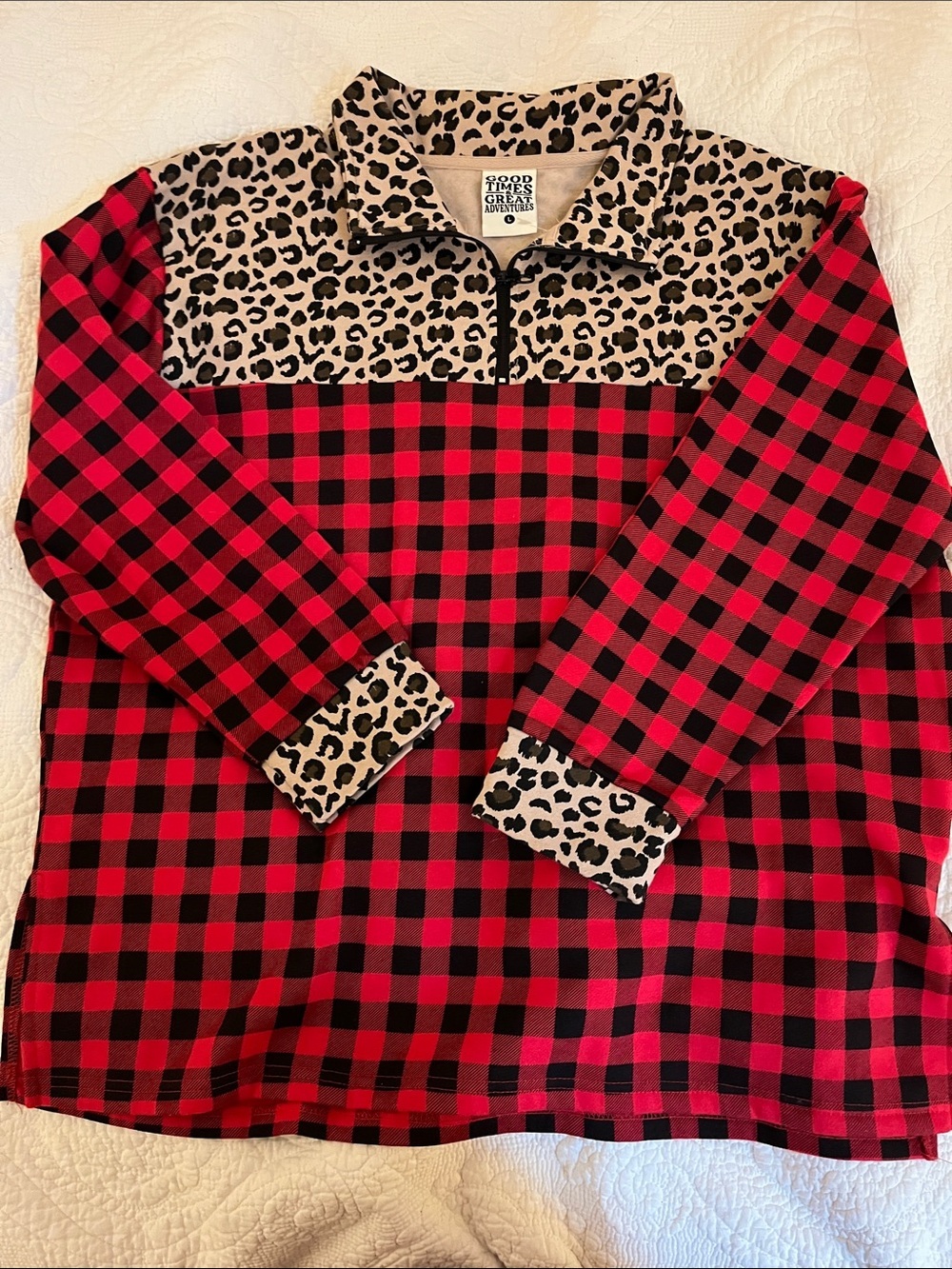 Women’s Red Buffalo Plaid Pullover with Leopard Trim L, NWOT - Picture 1 of 10